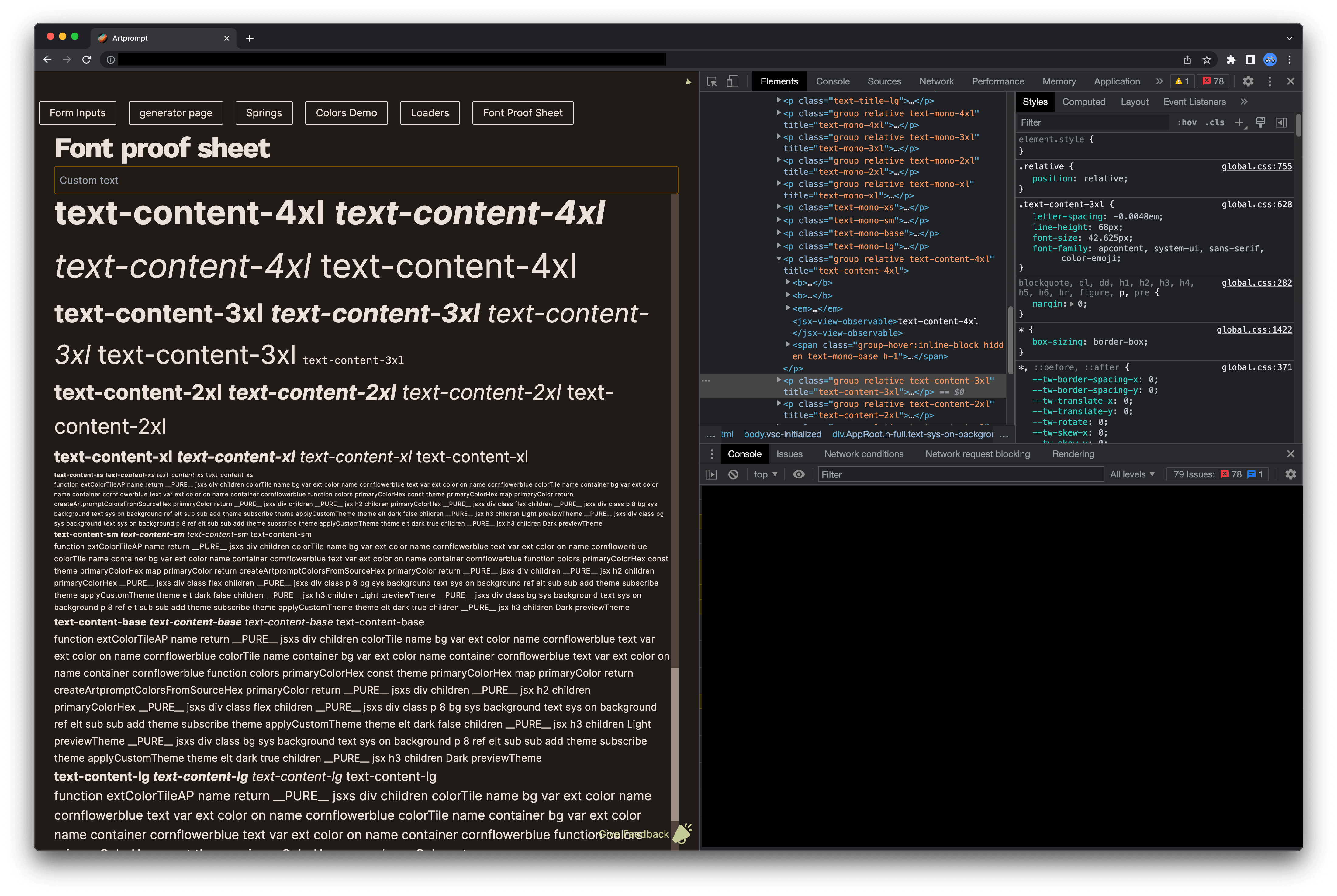 The font proof sheet demo lives within the app, so we can quickly see how different metric settings can affect the legibility of our text. Being a part of the app affords us to check our legibility under various themes and with fallback fonts.